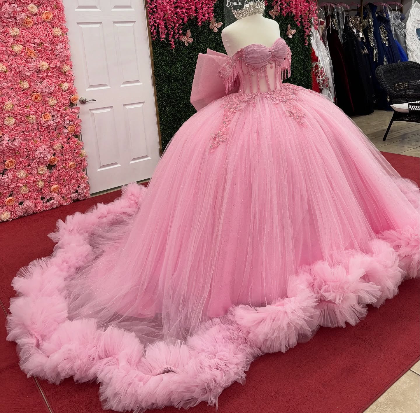 HE094-Vestido de quinceañera con volantes de tul y hombros descubiertos, vestido de fiesta con escote corazón, sin mangas, precioso vestido de fiesta para dulces 16