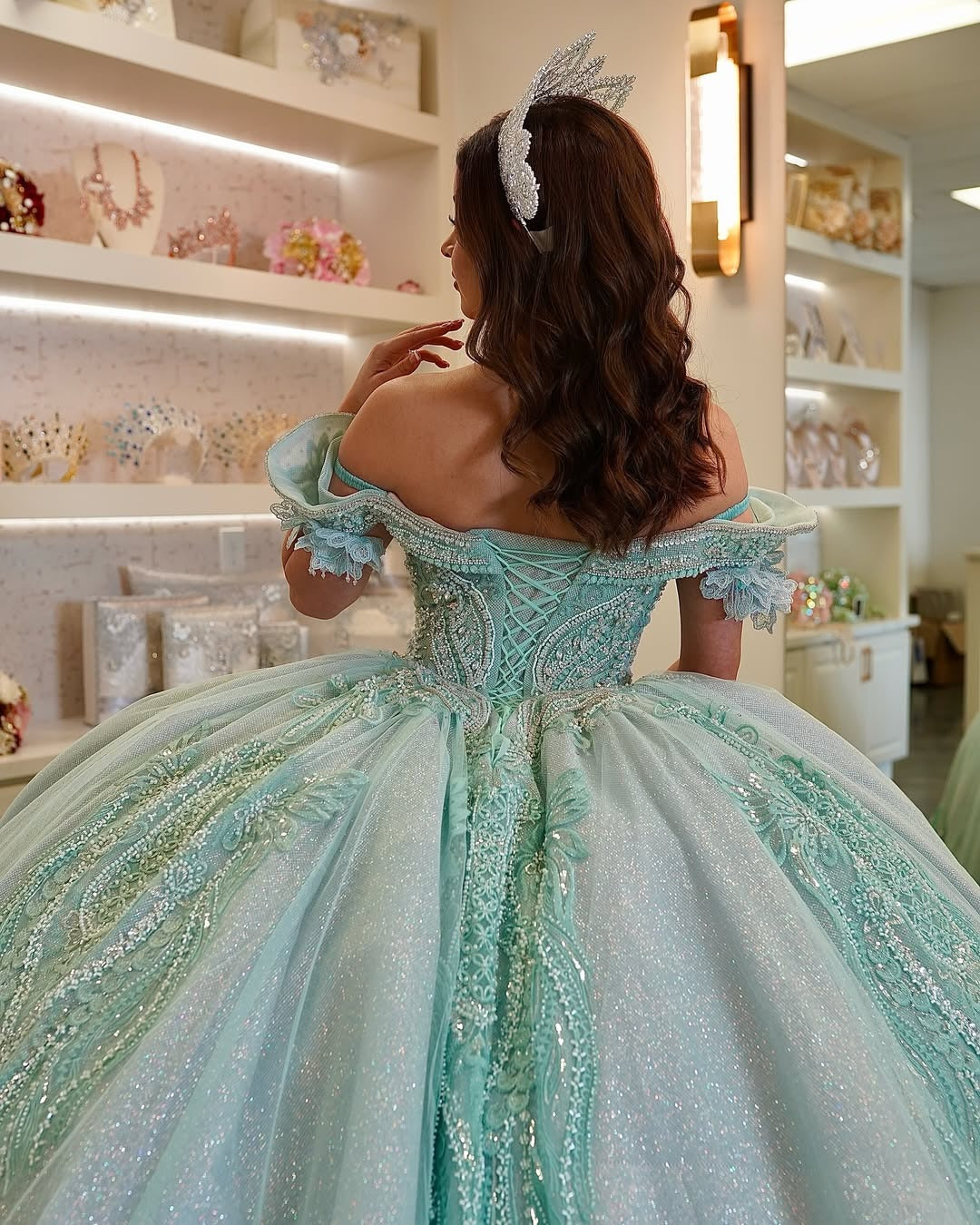 HE146 - Hermosos vestidos de quinceañera verdes con hombros descubiertos, vestido de baile de tul con encaje y cuentas, vestidos de fiesta de graduación para cumpleaños de 16 años