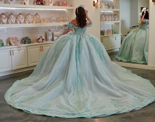 Off Shoulder Green Quinceanera Dresses Tulle Lace Beaded Sweet 16 Party Dresses HE146