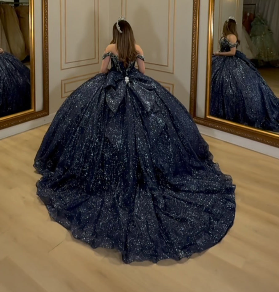 HE161-Vestido de quinceañera con hombros descubiertos, lentejuelas y cuentas, tul brillante, estilo princesa, para fiesta de 16 años, vestido de gala, vestido de fiesta de cumpleaños y graduación