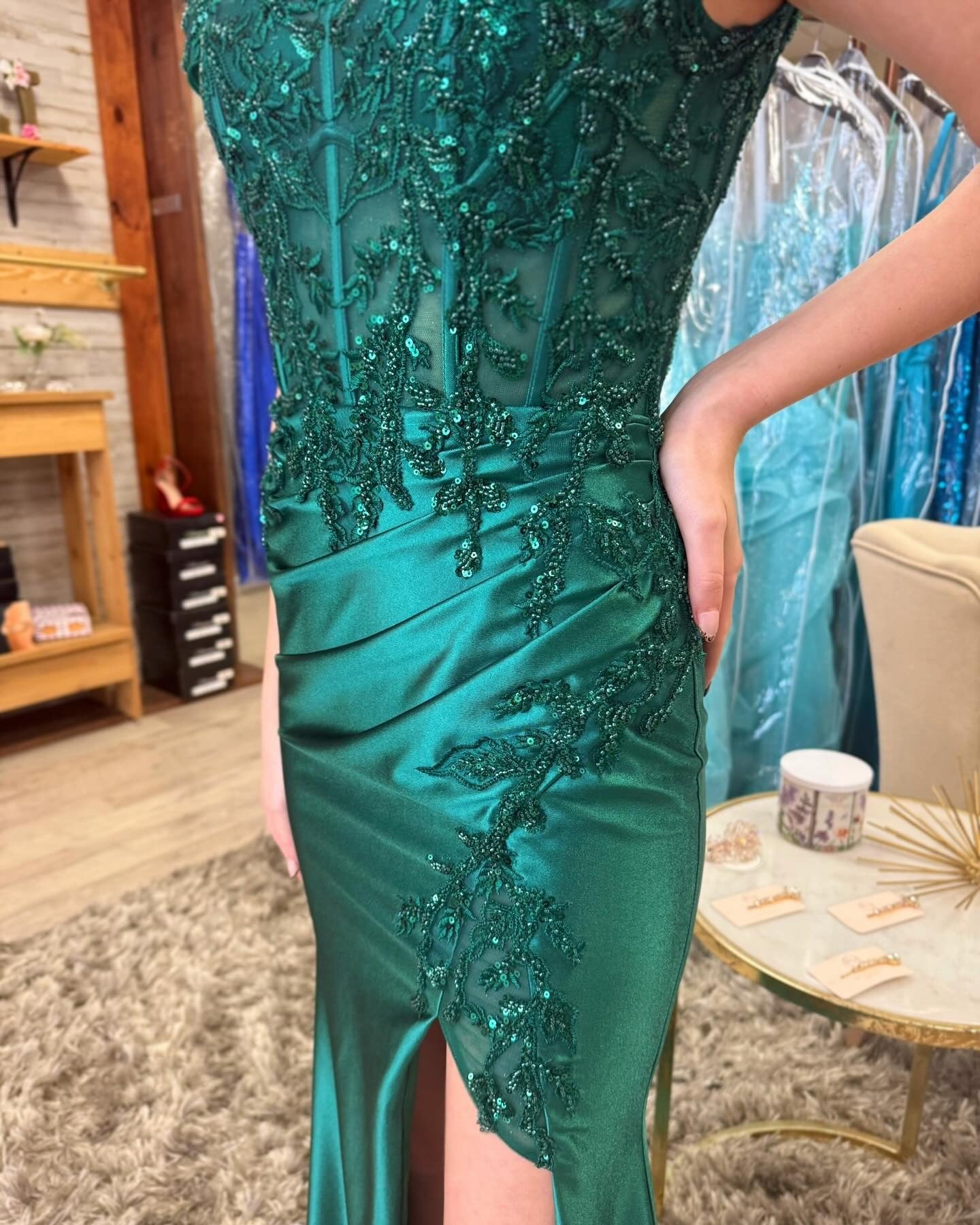 Satin Lace Beaded Long Prom Dresses Mermaid Corset Formal Gowns with Slit HE139