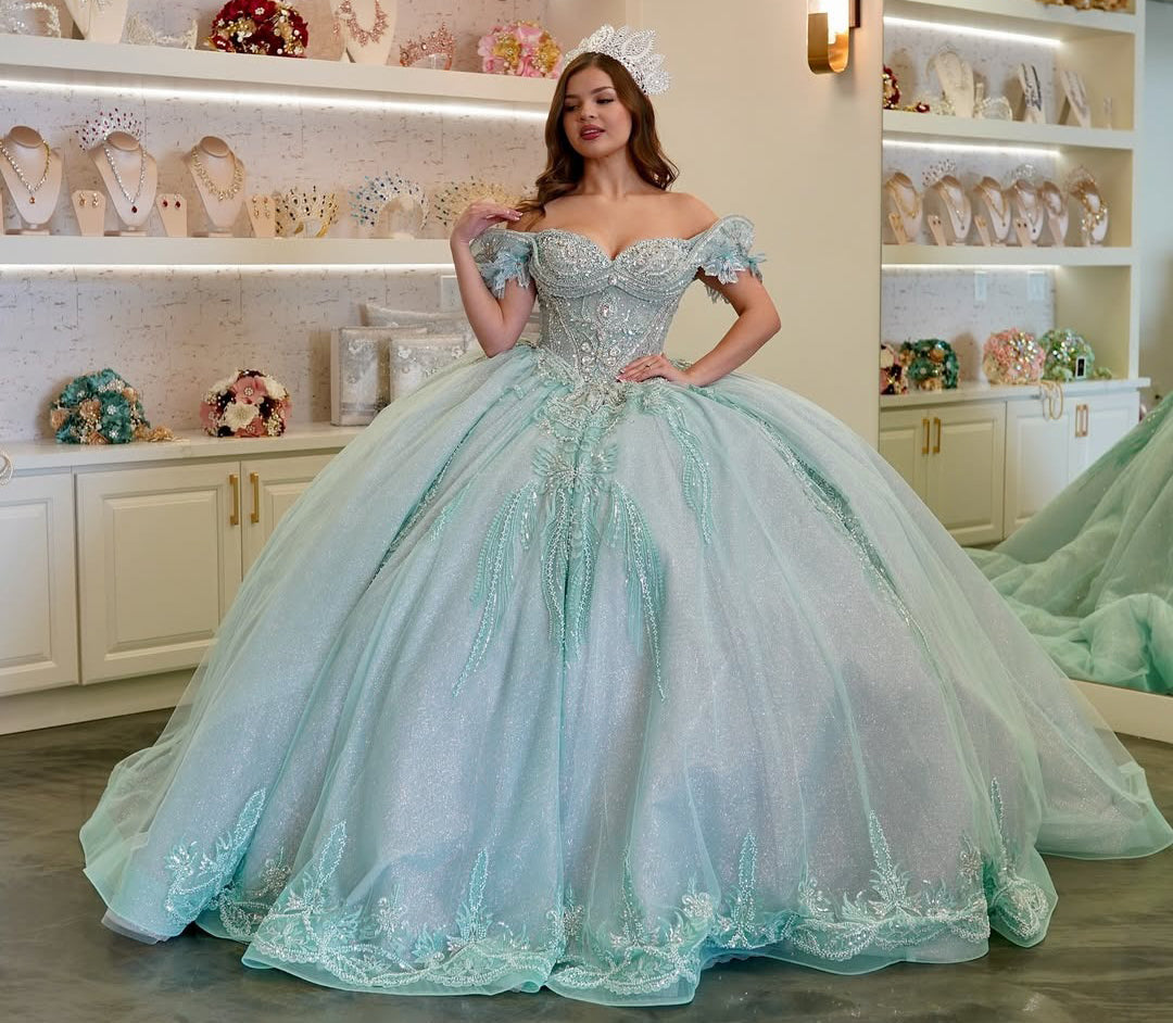 HE146 - Hermosos vestidos de quinceañera verdes con hombros descubiertos, vestido de baile de tul con encaje y cuentas, vestidos de fiesta de graduación para cumpleaños de 16 años