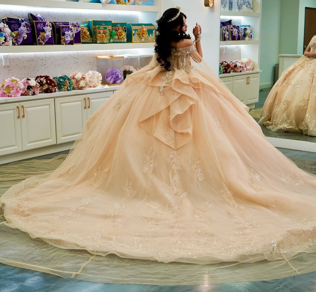 HE145 - Vestidos de quinceañera color champán para dulces 16, hermosos vestidos de fiesta de cumpleaños con apliques de encaje de tul y cuentas.