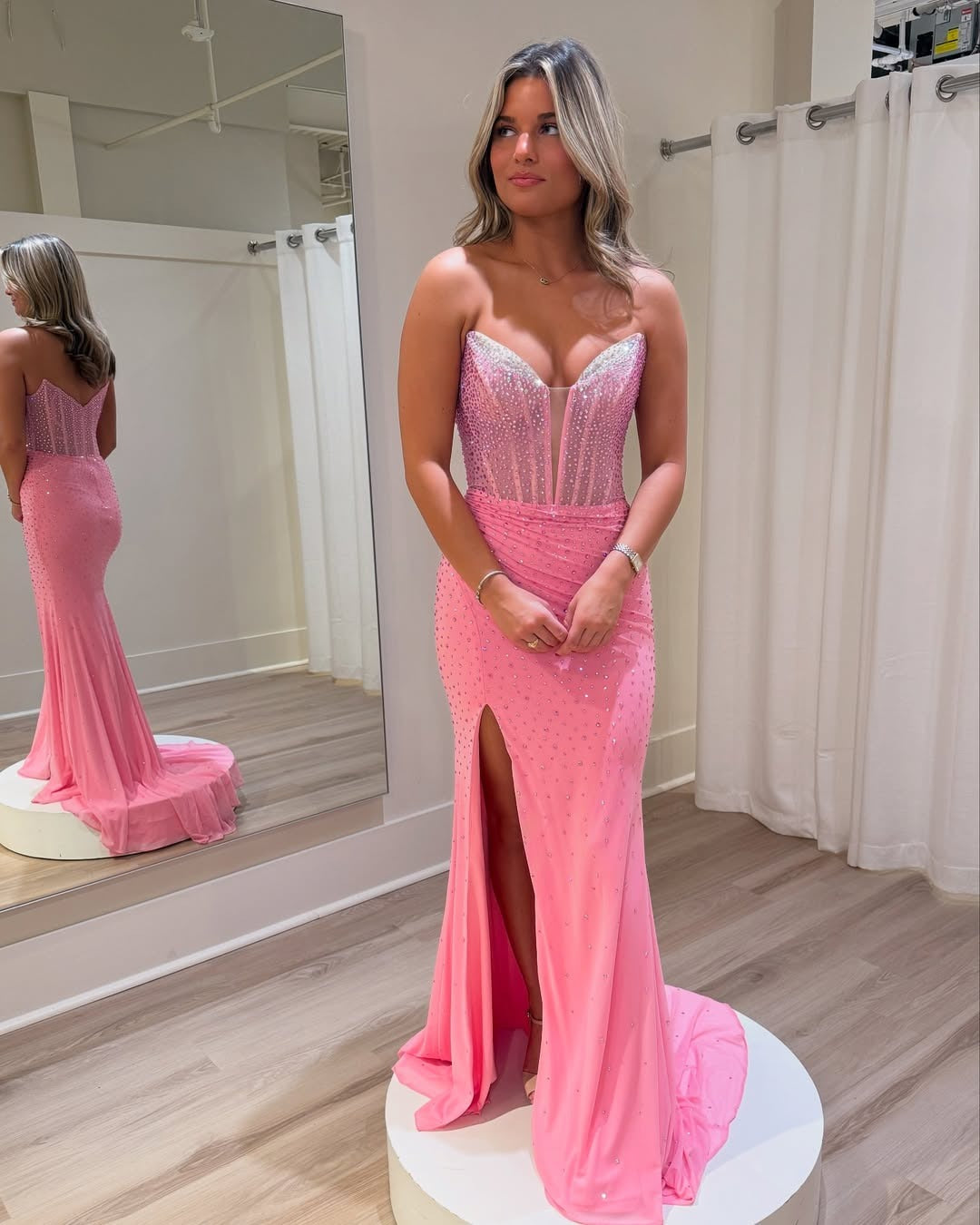 Sweetheart Chiffon Beaded Long Prom Dresses Mermaid Formal Evening Gowns with Slit HE133