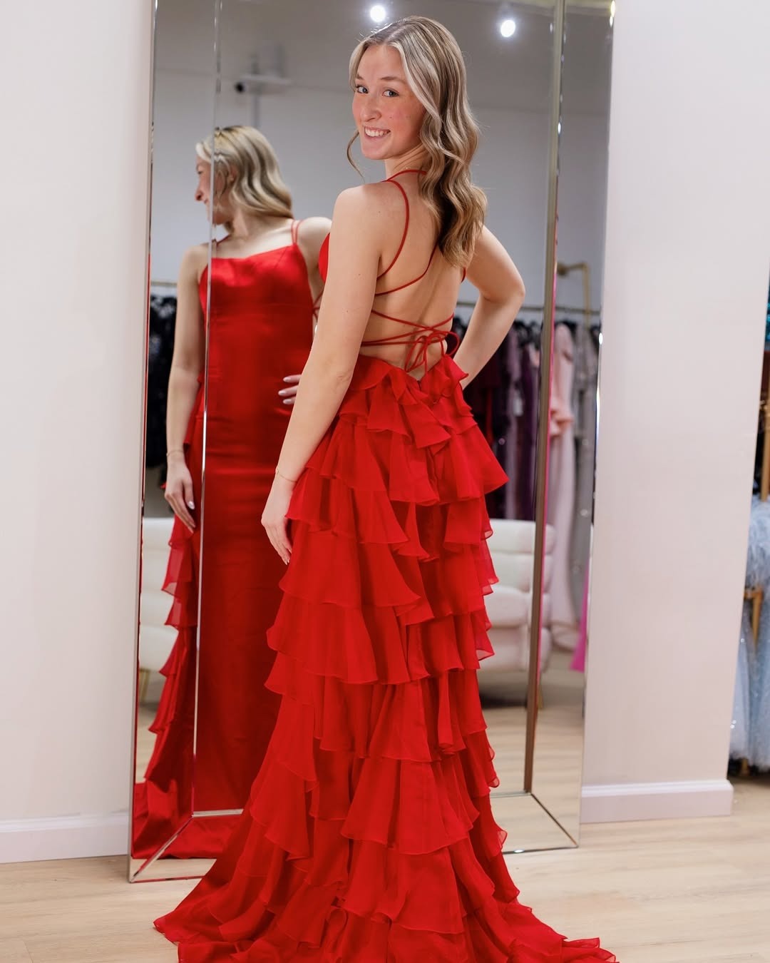 HE121-Vestido de fiesta rojo de gasa con volantes, largo, tirantes finos, formal, sexy, sin espalda, para mujer