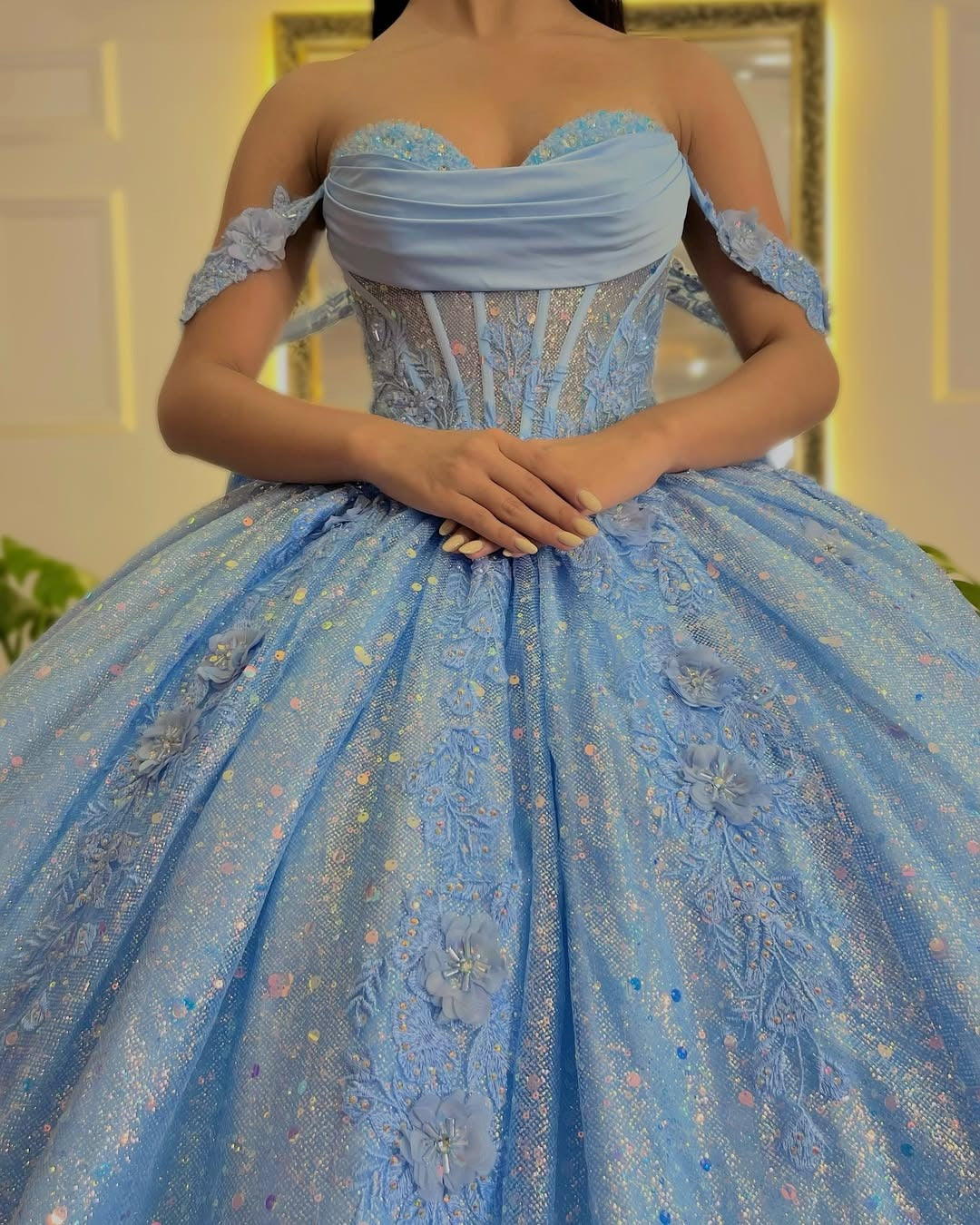 HE235 - Vestidos de quinceañera estilo princesa con hombros descubiertos, vestido de fiesta para dulces 16, vestidos de fiesta de cumpleaños con cuentas de tul azul cielo.