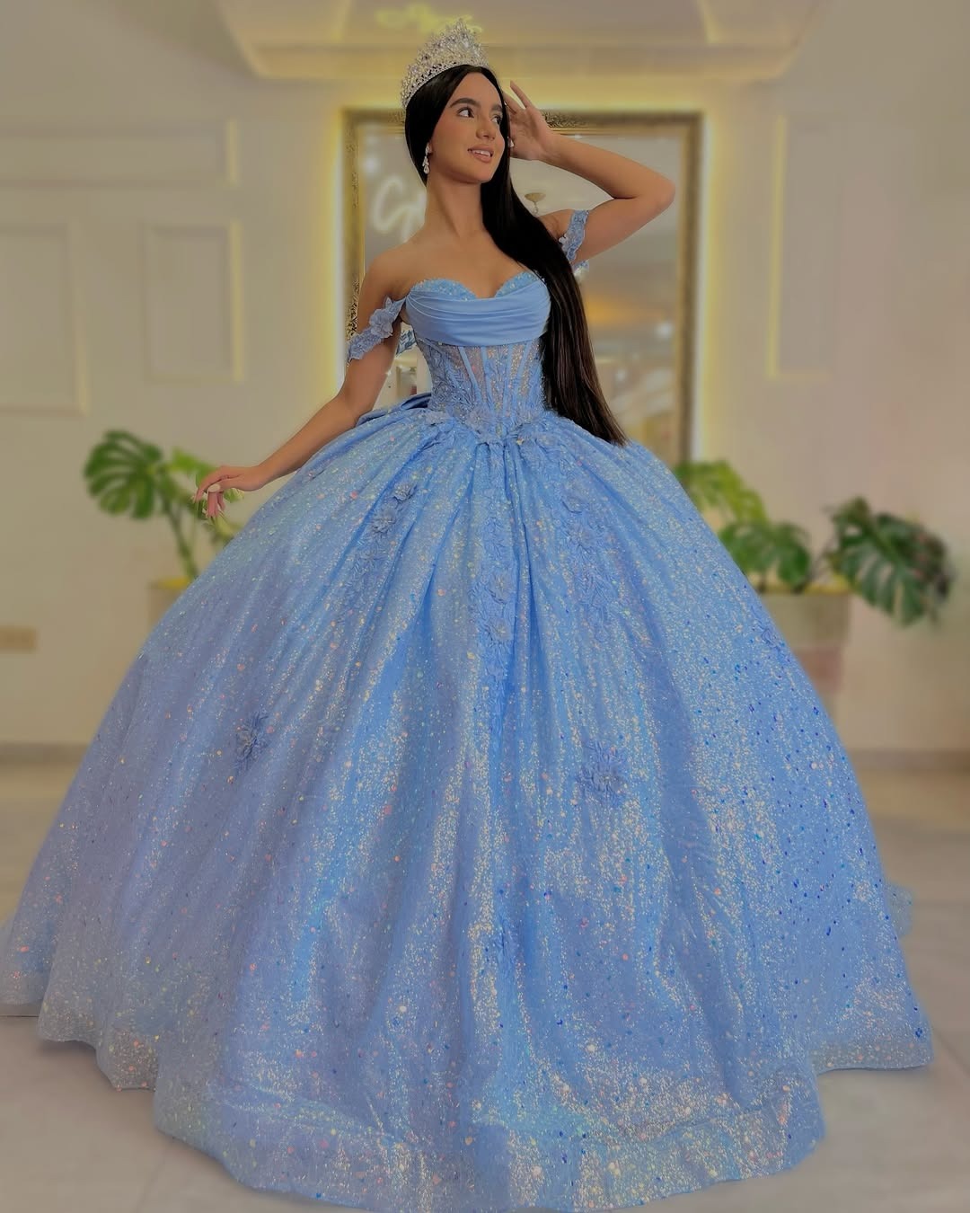 HE235 - Vestidos de quinceañera estilo princesa con hombros descubiertos, vestido de fiesta para dulces 16, vestidos de fiesta de cumpleaños con cuentas de tul azul cielo.