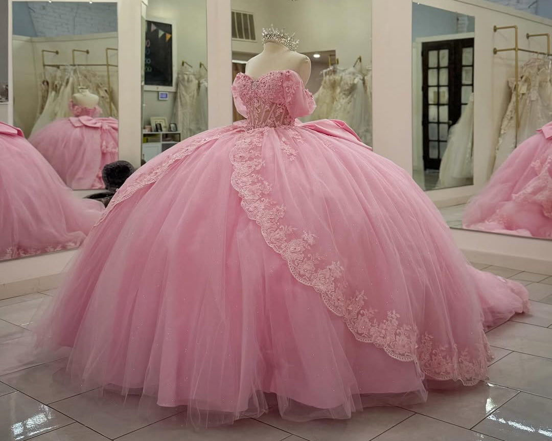 HE210-Vestidos de quinceañera rosas con hombros descubiertos, tul, encaje, cuentas, princesa, fiesta de cumpleaños, graduación, para dulces 16
