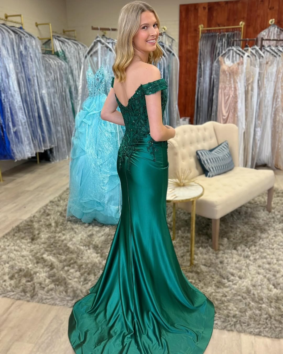 HE139-Satin Lace Beaded Long Prom Dresses with Slit Mermaid Off Shoulder Formal Gowns Corset Evening Party Dress for Women