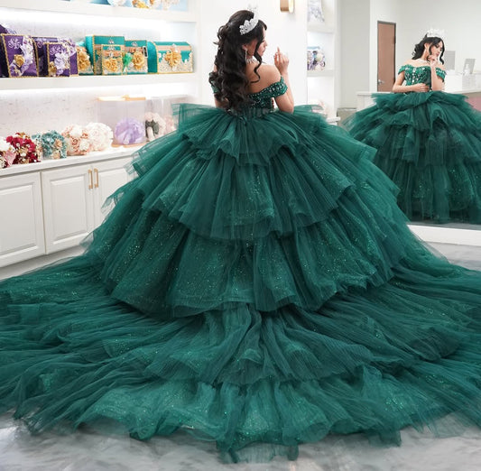 Ball Gown Quinceanera Dresses for Sweet 16 Tulle Beaded Ruffles Birthday Party Dresses HE147