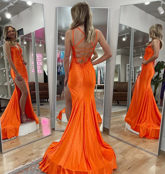 Mermaid Satin Sequin Beaded Prom Dresses Long V Neck Evening Party Gowns HE117