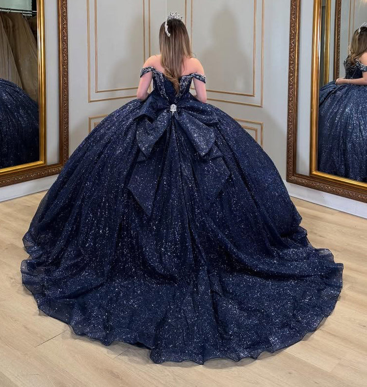 HE161-Vestido de quinceañera con hombros descubiertos, lentejuelas y cuentas, tul brillante, estilo princesa, para fiesta de 16 años, vestido de gala, vestido de fiesta de cumpleaños y graduación