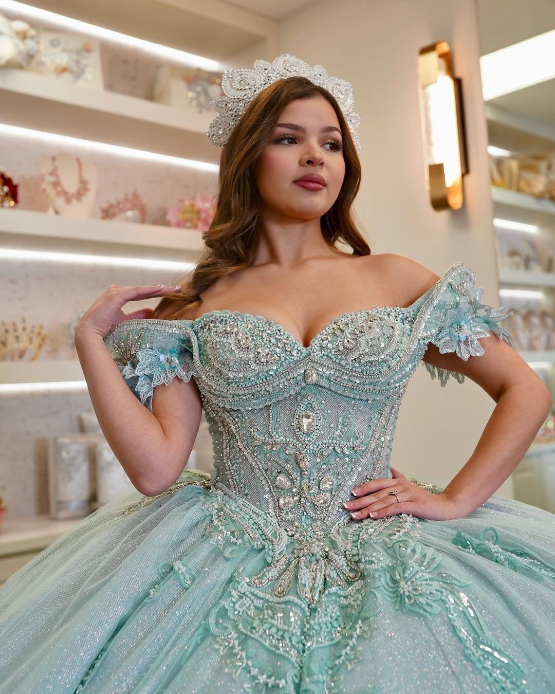 HE146 - Hermosos vestidos de quinceañera verdes con hombros descubiertos, vestido de baile de tul con encaje y cuentas, vestidos de fiesta de graduación para cumpleaños de 16 años