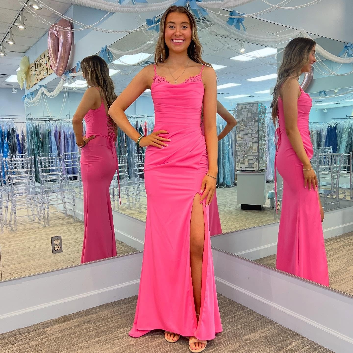 Mermaid Satin Lace Evening Dresses Long Sleeveless Prom Gowns with Slit HE202