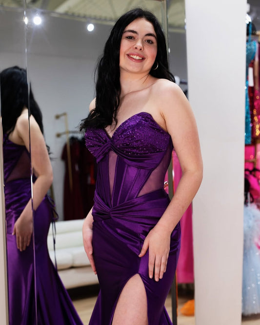 Sweetheart Mermaid Satin Beaded Prom Dresses Plus Size Evening Gowns with Slit HE118