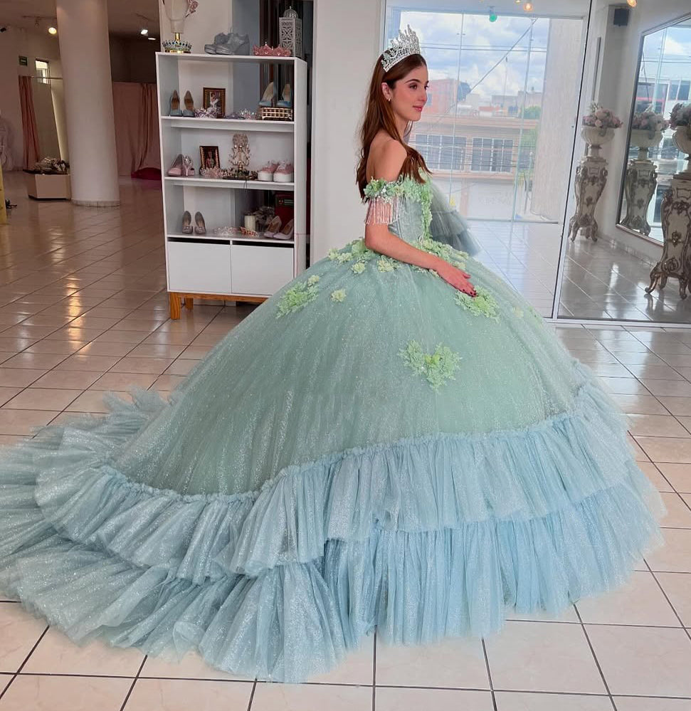 Vestidos de quinceañera con hombros descubiertos, tul princesa, apliques, vestidos de quinceañera HE530