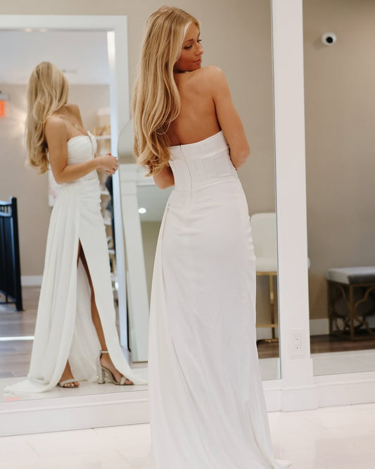 Women's Mermaid Satin Long Prom Dresses Strapless Evening Gowns with Slit HE246