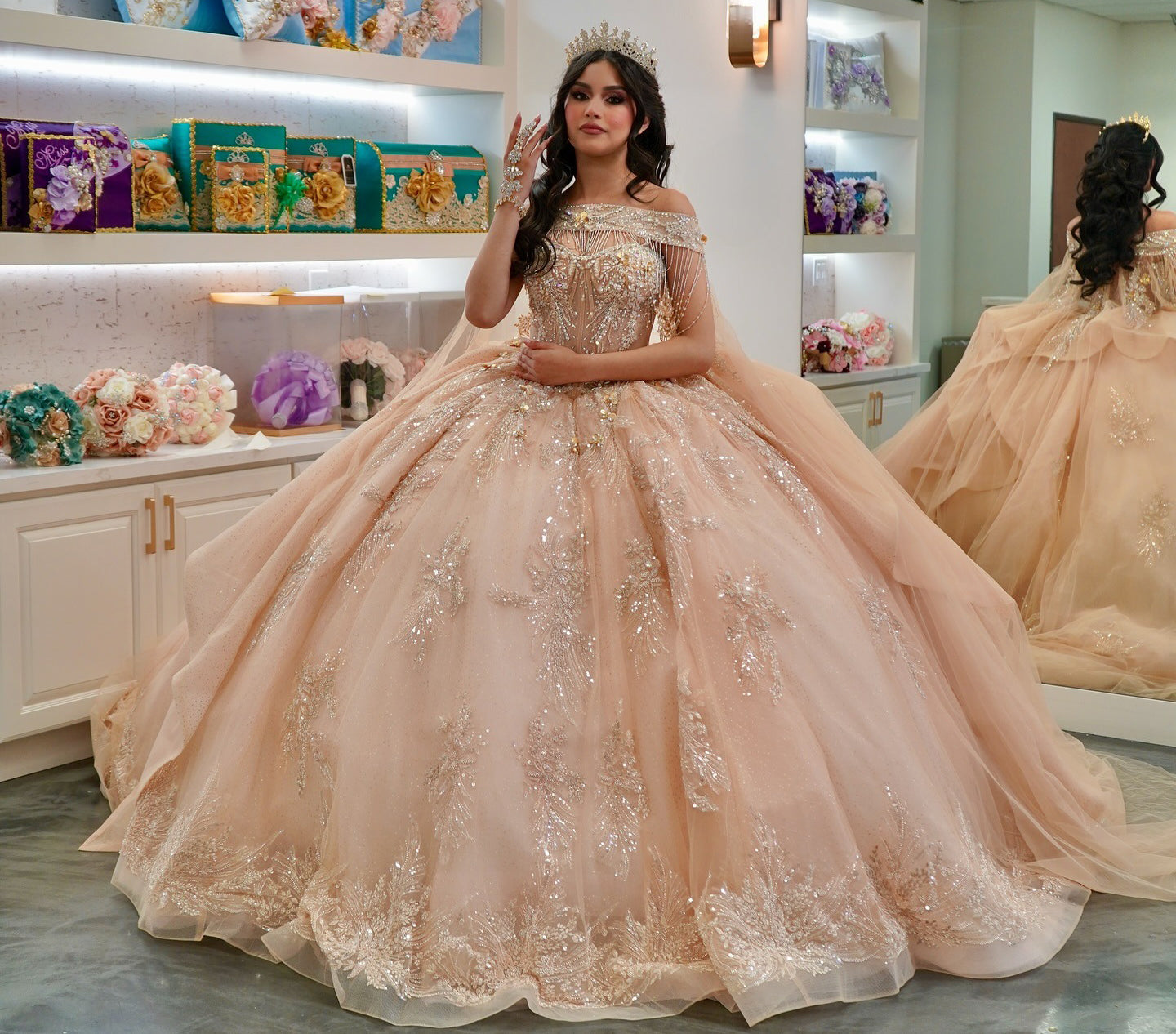 HE145 - Vestidos de quinceañera color champán para dulces 16, hermosos vestidos de fiesta de cumpleaños con apliques de encaje de tul y cuentas.