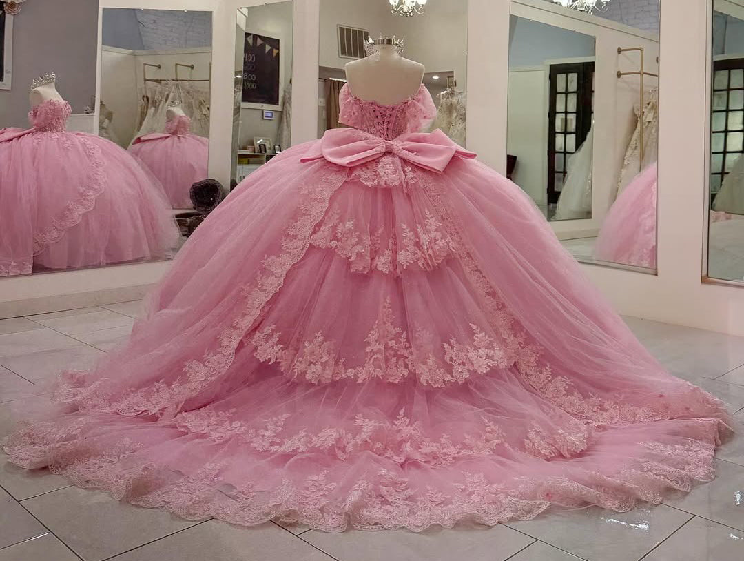 HE210-Vestidos de quinceañera rosas con hombros descubiertos, tul, encaje, cuentas, princesa, fiesta de cumpleaños, graduación, para dulces 16