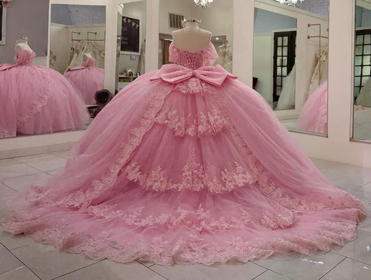 Pink Quinceanera Dresses Tulle Lace Beaded Princess Birthday Prom Party Gowns HE210
