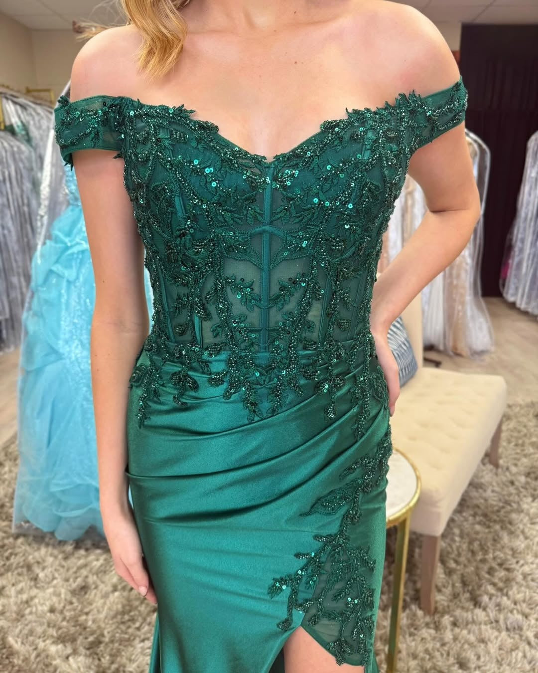 HE139-Satin Lace Beaded Long Prom Dresses with Slit Mermaid Off Shoulder Formal Gowns Corset Evening Party Dress for Women