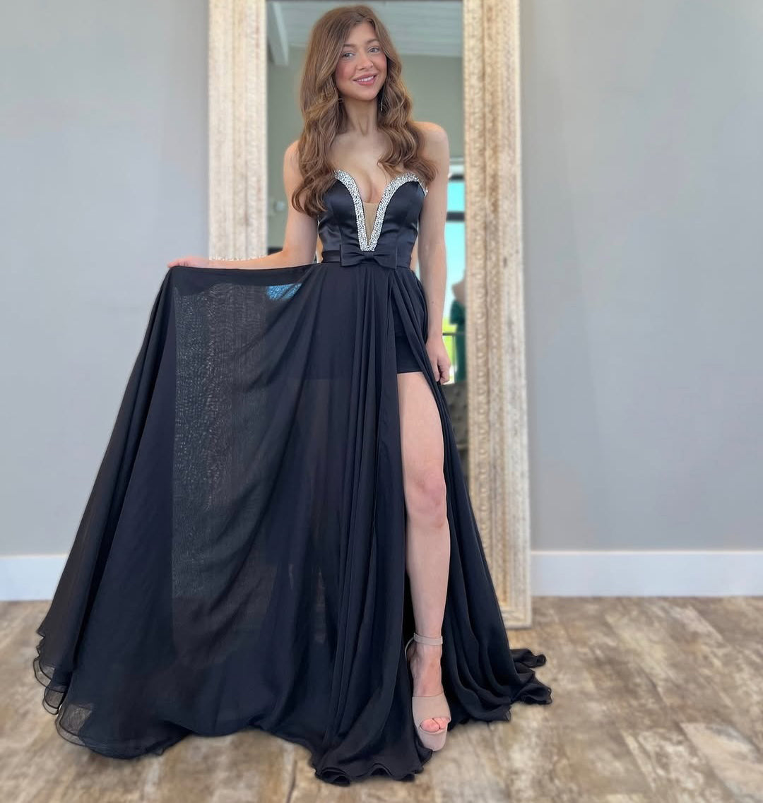 A Line Chiffon Beaded Prom Dresses Long V Neck Evening Gowns with Slit HE142