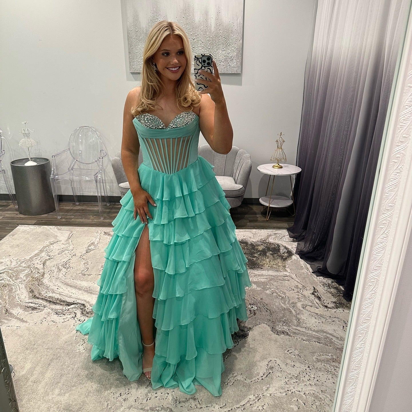 HE178-Vestido de fiesta largo de gasa con escote en forma de corazón, lentejuelas y cuentas, con abertura en forma de A, volantes, corsé, talla grande