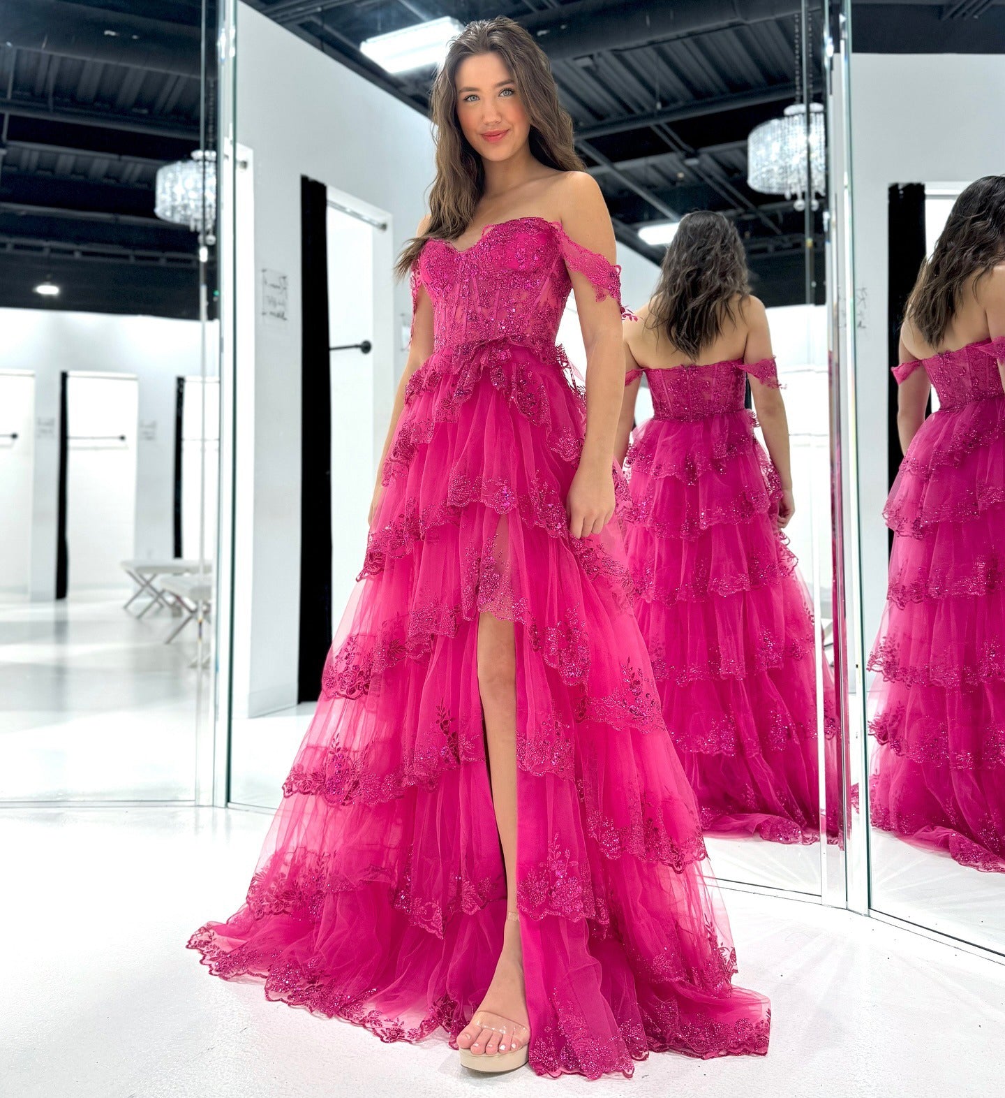 Tulle Lace Appliques Prom Dresses Long A Line Evening Gowns with Ruffles HE191