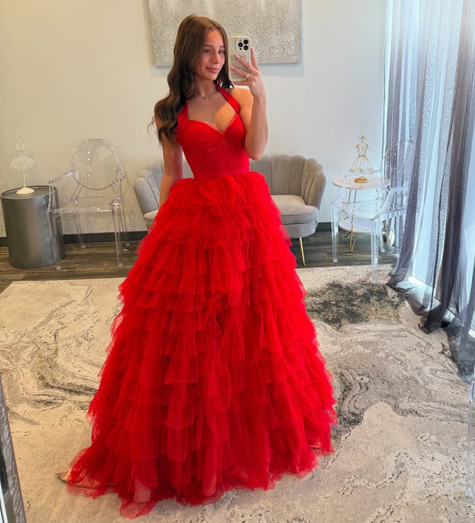 A Line Tulle Ruffles Prom Dresses Long for Women Sweetheart Plus Size Party Gowns HE177