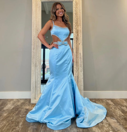 Mermaid Long Prom Dresses for Women Satin Sequin Beaded Evening Gowns HE123