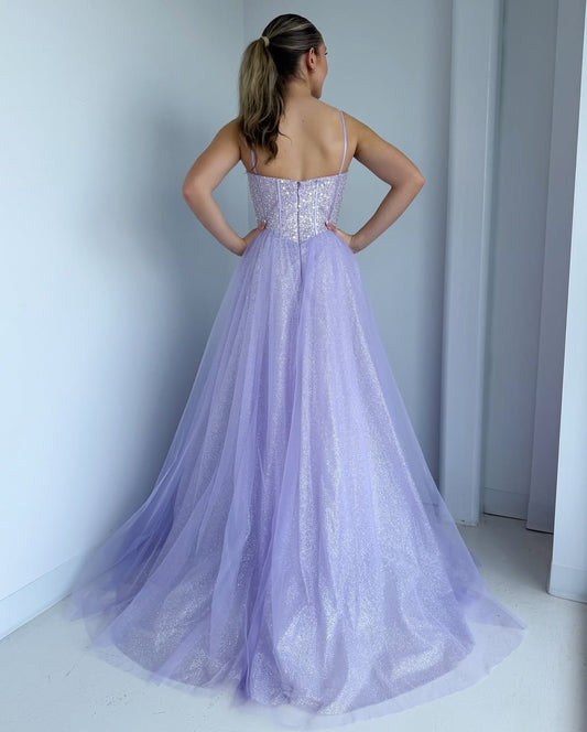 Women's Glittery Tulle Prom Dresses Long Sequin Beaded Corset Formal Gowns HE193