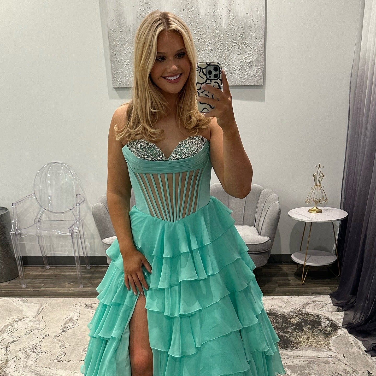 HE178-Vestido de fiesta largo de gasa con escote en forma de corazón, lentejuelas y cuentas, con abertura en forma de A, volantes, corsé, talla grande