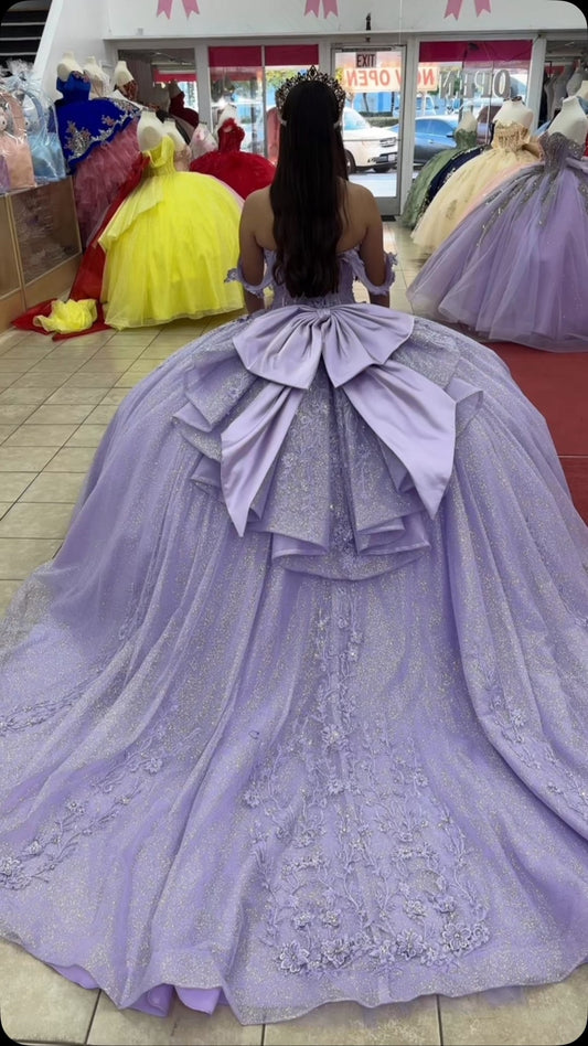 Lilac Off Shoulder Sweet 16 Quinceanera Dresses Tulle Lace Prom Party Dresses HE331