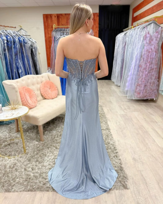 Sweetheart Lace Beaded Prom Dresses Long Corset Backless Evening Gowns with Slit HE132