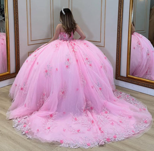 Sweetheart Princess Quinceanera Dresses Pink Tulle 3D Flowers Sweet 16 Prom Dresses HE236
