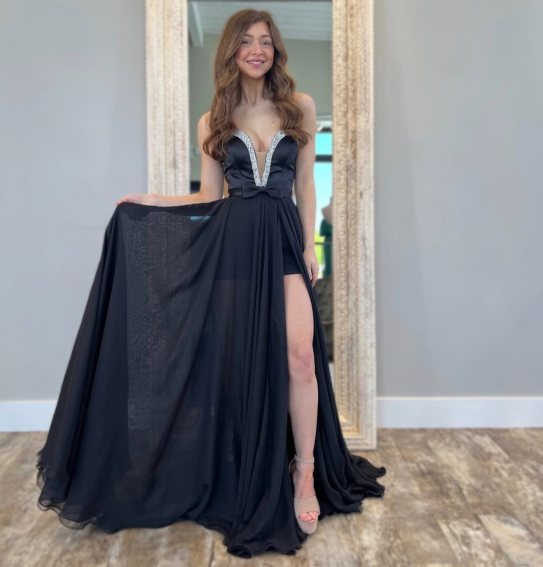 A Line Chiffon Beaded Prom Dresses Long V Neck Evening Gowns with Slit HE142