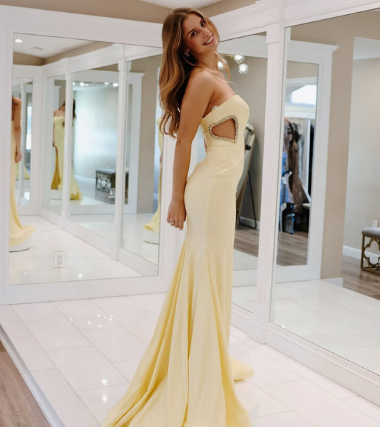 Women's Sweetheart Mermaid Satin Long Strapless Prom Dresses with Slit HE245