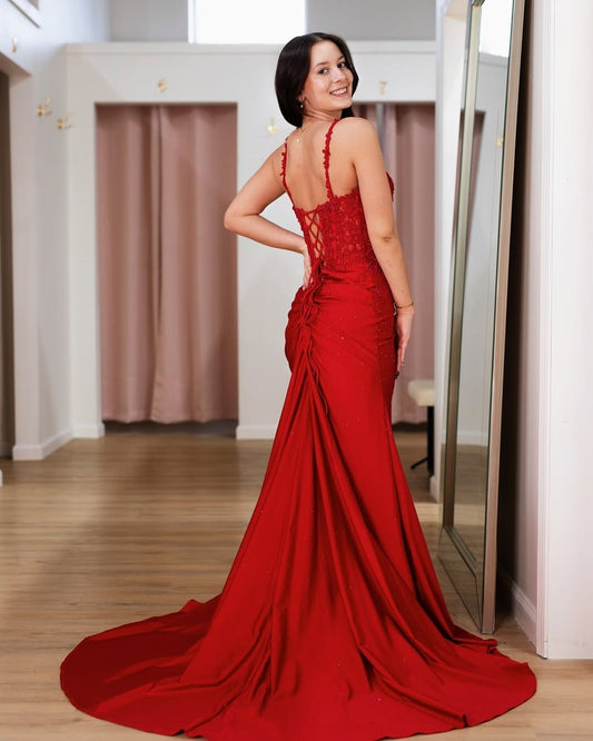 Mermaid Satin Lace Appliqued Evening Dresses Long Side Slit Prom Gowns for Women HE205