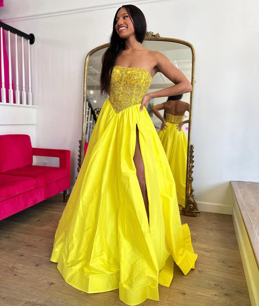 Women's Satin Beaded Prom Dresses Long Sweetheart Corset Party Dresses with Slit HE179