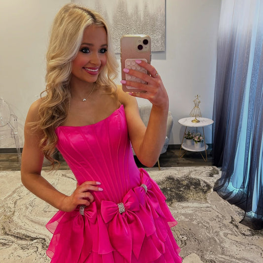 A Line Satin Prom Dresses Long Ruffles Strapless Evening Party Gowns with Slit HE261