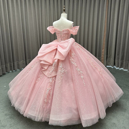 Pink Gorgeous Quinceanera Dresses Tulle Lace Beaded Sweet 16 Party Dresses HE286