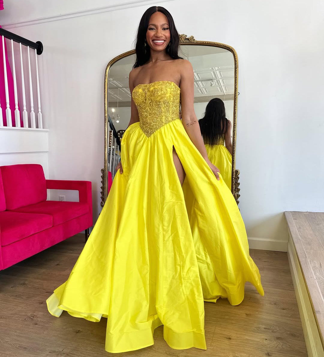 HE179-Vestidos de fiesta de satén con cuentas para mujer, largos, con abertura, amarillos, escote en forma de corazón, corsé, sin mangas, corte en A, vestidos de noche