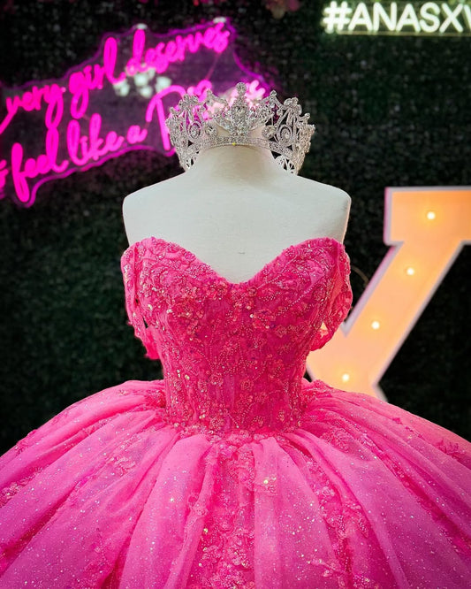 Off Shoulder Quinceanera Dresses Glittery Tulle Appliques Sweet 16 Party Gowns HE312