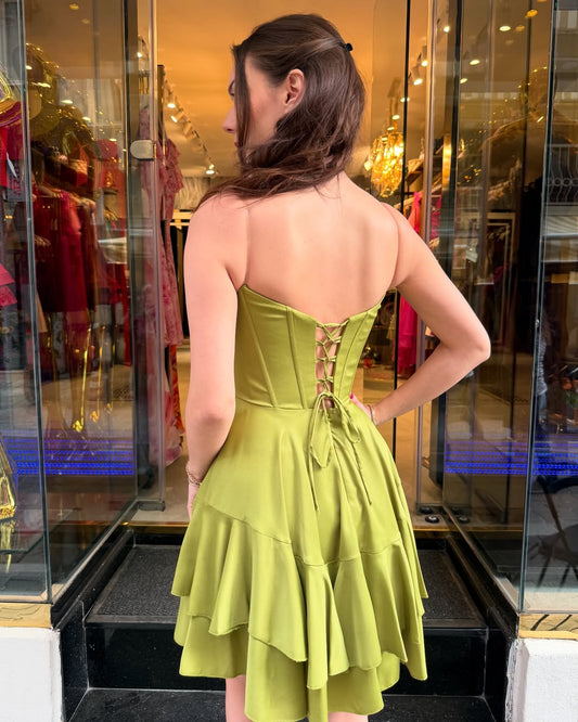 Knee Length Satin Homecoming Dresses A Line Corset Cocktail Gowns HE410