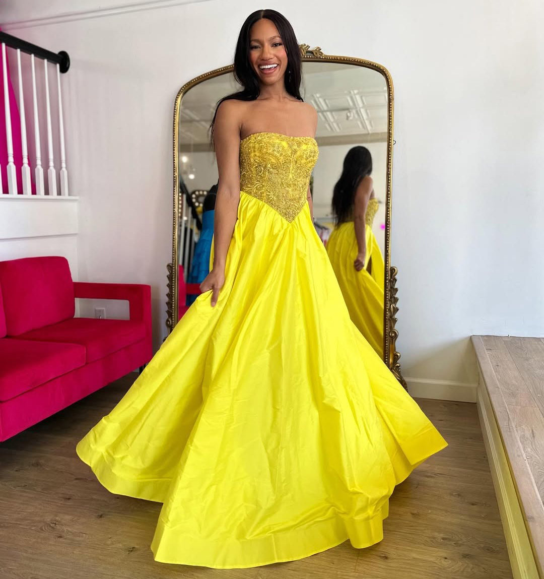 HE179-Vestidos de fiesta de satén con cuentas para mujer, largos, con abertura, amarillos, escote en forma de corazón, corsé, sin mangas, corte en A, vestidos de noche