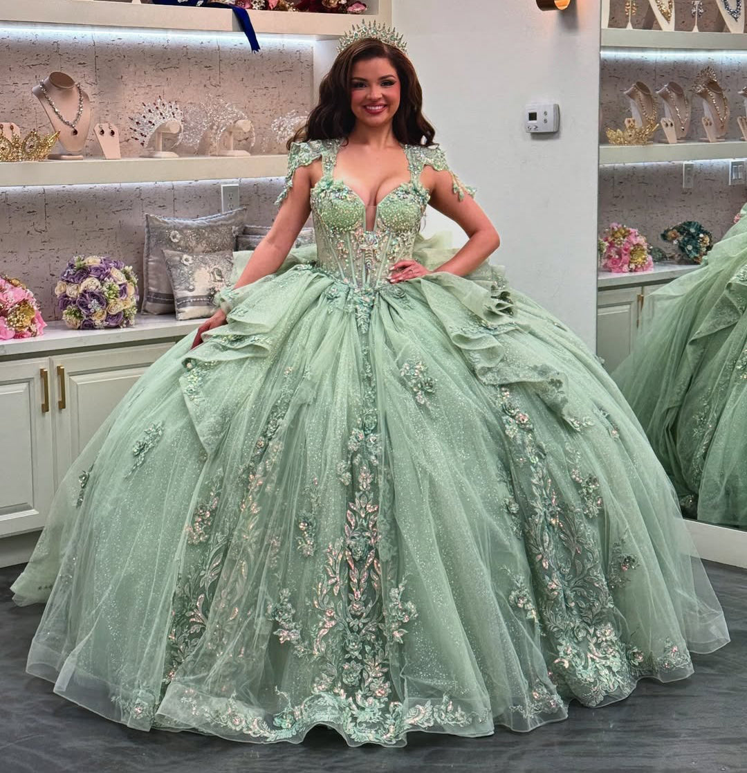 HE317-Vestido de quinceañera estilo princesa con volantes de tul verde y encaje para fiesta de graduación, vestidos de novia para cumpleaños de 16 años