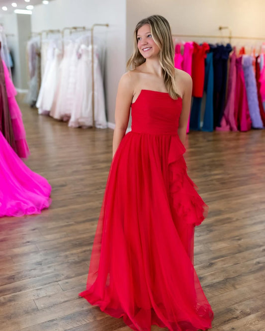A Line Chiffon Prom Dresses Long for Women Strapless Plus Size Formal Gowns HE263
