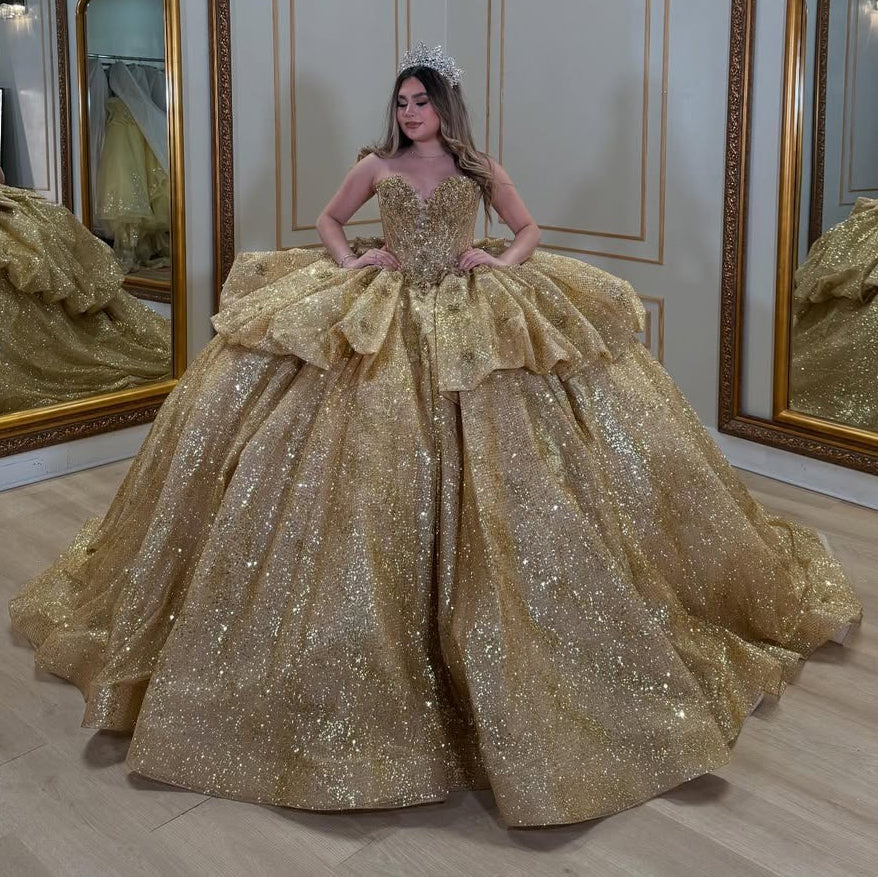 Gold Glitter Princess Quinceanera Dresses Sweetheart Ruffles Party Gowns HE324