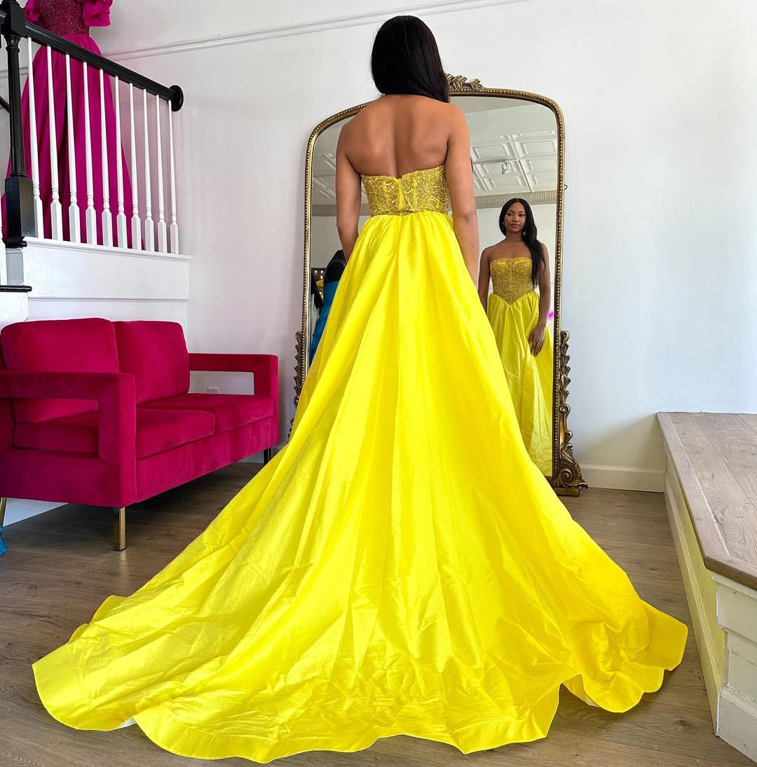 HE179-Vestidos de fiesta de satén con cuentas para mujer, largos, con abertura, amarillos, escote en forma de corazón, corsé, sin mangas, corte en A, vestidos de noche