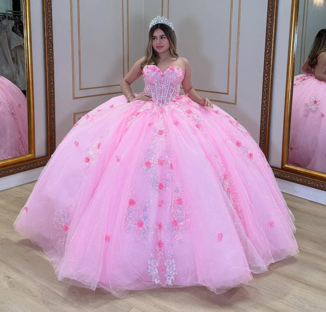HE236-Hermosos vestidos de quinceañera de princesa con escote corazón, vestido de baile de tul rosa con apliques, vestidos de fiesta de cumpleaños de 16 años